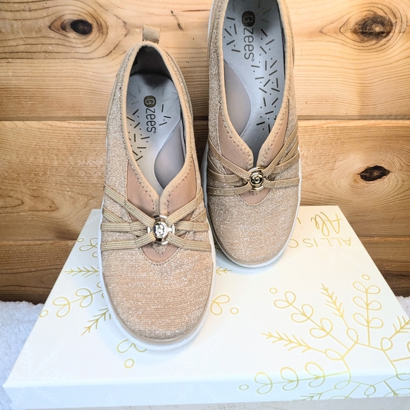 Bzees Slip-On Women's Beige/Gold  Shimmery Sneaker Shoes - Picture 15 of 15